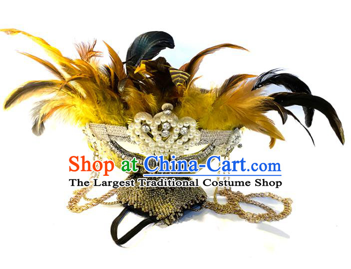 Top Cosplay Princess Hair Accessories Halloween Catwalks Royal Crown Carnival Parade Headdress Baroque Queen Yellow Feather Hat