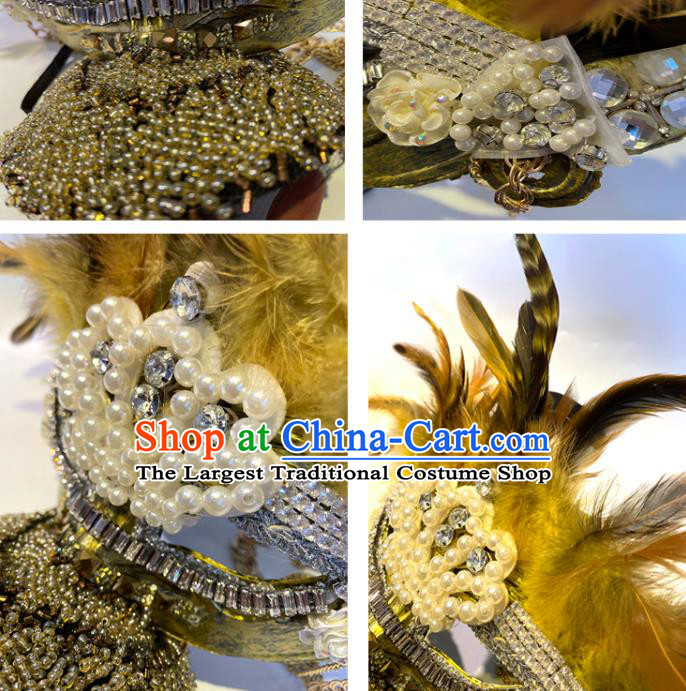 Top Cosplay Princess Hair Accessories Halloween Catwalks Royal Crown Carnival Parade Headdress Baroque Queen Yellow Feather Hat