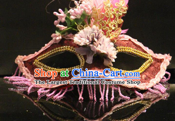 Handmade Brazil Carnival Pink Feather Mask Halloween Cosplay Tassel Face Mask Costume Party Red Sequins Blinder Baroque Princess Headpiece