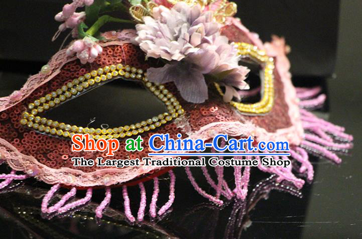Handmade Brazil Carnival Pink Feather Mask Halloween Cosplay Tassel Face Mask Costume Party Red Sequins Blinder Baroque Princess Headpiece