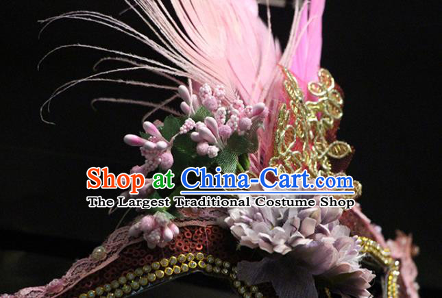 Handmade Brazil Carnival Pink Feather Mask Halloween Cosplay Tassel Face Mask Costume Party Red Sequins Blinder Baroque Princess Headpiece