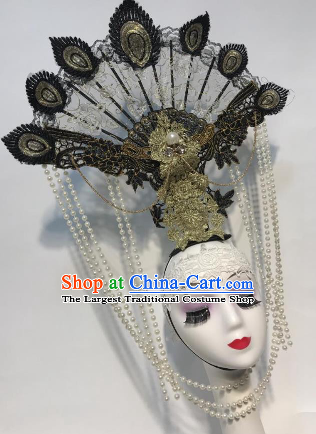 China Court Black Lace Fan Hair Clasp Catwalks Deluxe Headdress Handmade Bride Fashion Headwear Qipao Show Pearls Tassel Hair Crown