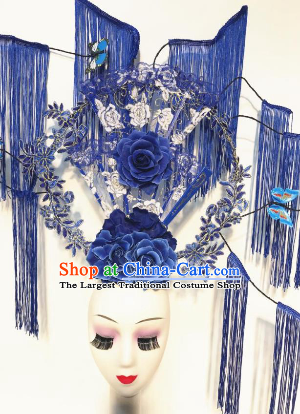 China Qipao Show Blue Flowers Hair Crown Court Lace Fan Hair Clasp Catwalks Deluxe Tassel Headdress Handmade Bride Fashion Headwear