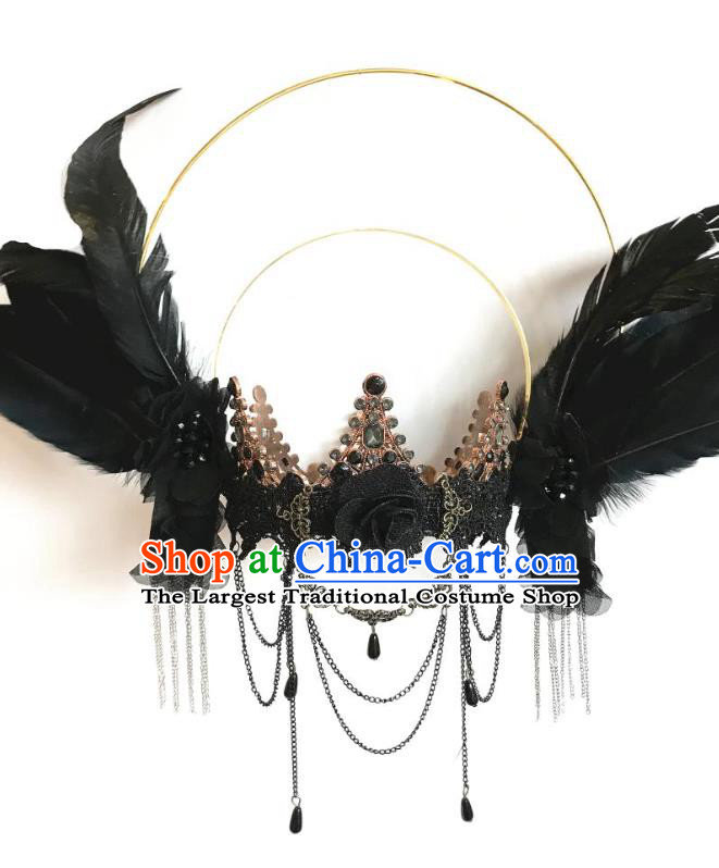 Top Cosplay Goddess Hair Accessories Halloween Catwalks Royal Crown Carnival Parade Headdress Baroque Black Feather Wings Hair Clasp