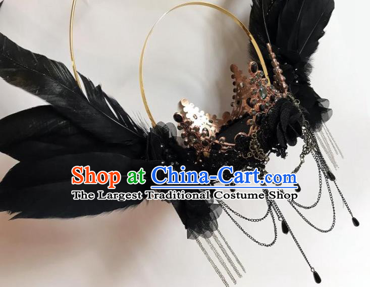 Top Cosplay Goddess Hair Accessories Halloween Catwalks Royal Crown Carnival Parade Headdress Baroque Black Feather Wings Hair Clasp