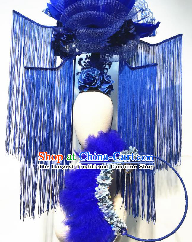 China Qipao Catwalks Fashion Headdress Handmade Bride Deluxe Tassel Headwear Stage Show Hair Crown Court Blue Feather Fan Hair Clasp
