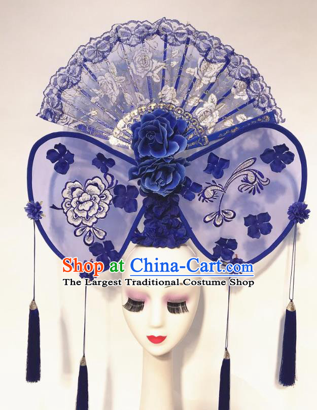 China Court Blue Lace Fan Hair Clasp Qipao Catwalks Headdress Handmade Bride Fashion Headwear Stage Show Tassel Hair Crown
