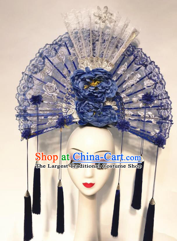 China Stage Show Tassel Hair Crown Court Blue Peony Fan Hair Clasp Qipao Catwalks Headdress Handmade Bride Lace Fashion Headwear