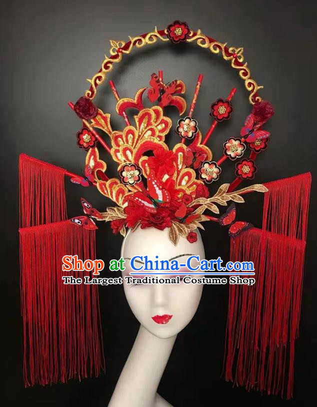 China Qipao Catwalks Tassel Headdress Handmade Bride Fashion Headwear Stage Show Embroidered Red Hair Crown Court Tassel Hair Clasp