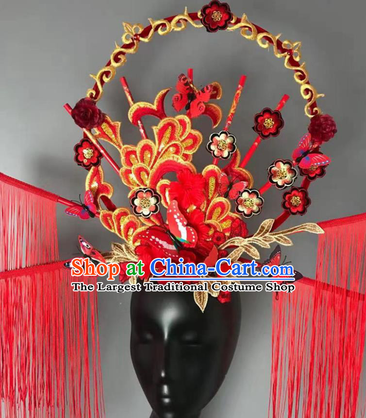 China Qipao Catwalks Tassel Headdress Handmade Bride Fashion Headwear Stage Show Embroidered Red Hair Crown Court Tassel Hair Clasp
