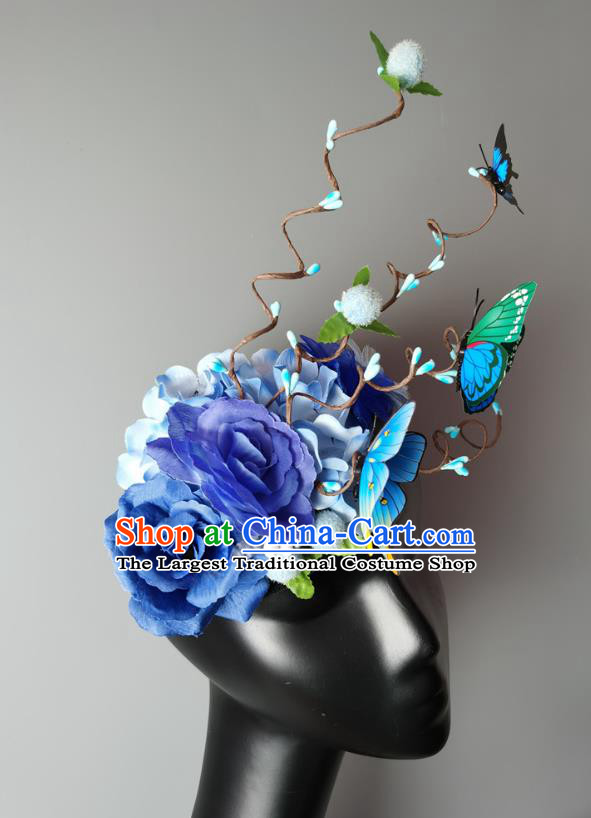 Top Baroque Blue Butterfly Flowers Hair Clasp Cosplay Fairy Hair Accessories Halloween Catwalks Royal Crown Princess Headdress