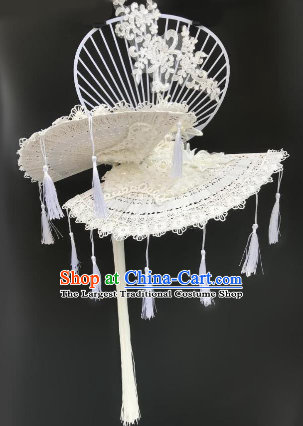 China Catwalks Deluxe Tassel Headdress Handmade Bride Fashion Headwear Qipao Show Hair Crown Court White Fan Top Hat