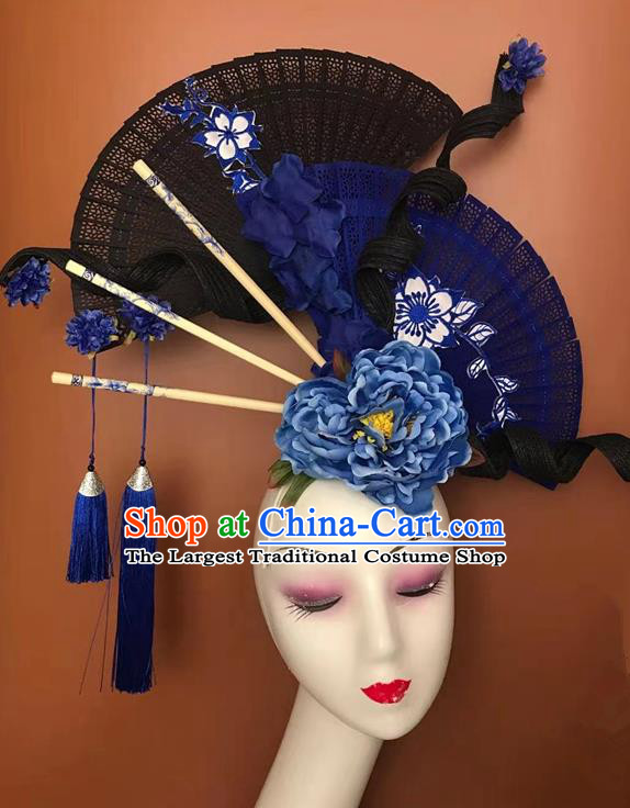 China Stage Show Folding Fan Hair Crown Court Black Peony Hair Clasp Qipao Catwalks Tassel Headdress Handmade Bride Fashion Headwear