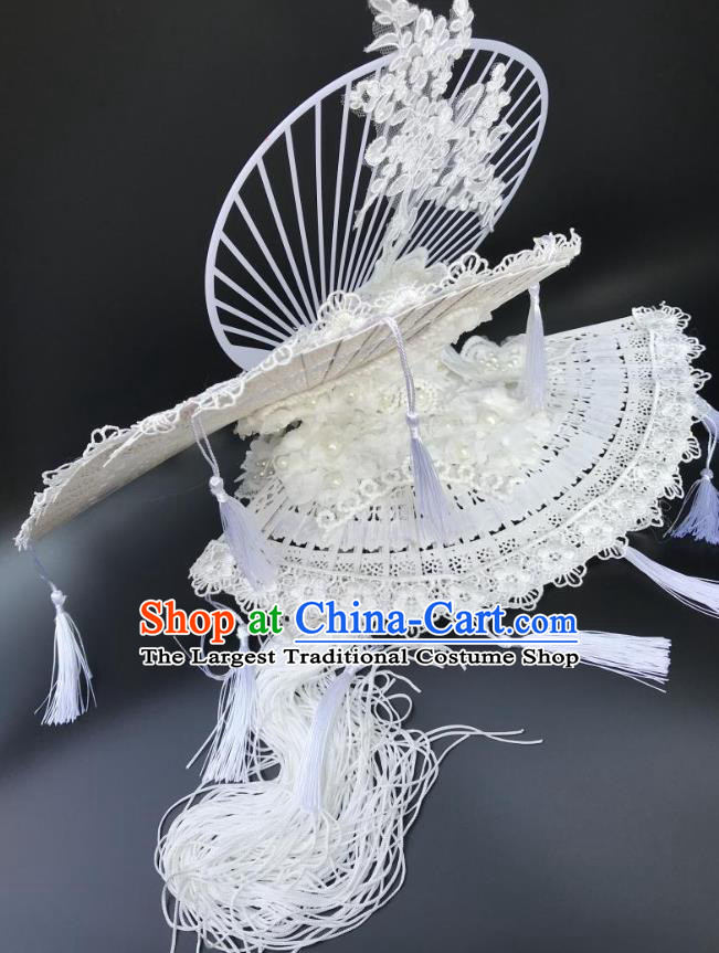 China Catwalks Deluxe Tassel Headdress Handmade Bride Fashion Headwear Qipao Show Hair Crown Court White Fan Top Hat