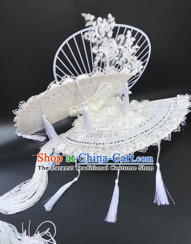 China Catwalks Deluxe Tassel Headdress Handmade Bride Fashion Headwear Qipao Show Hair Crown Court White Fan Top Hat