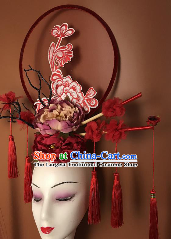 China Handmade Wedding Fashion Headwear Stage Show Tassel Hair Crown Court Peony Flowers Hair Clasp Qipao Catwalks Bride Headdress