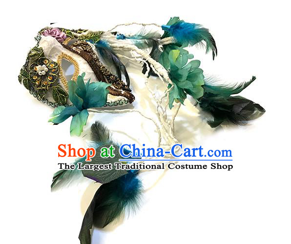 Handmade Costume Party Baroque White Cat Headpiece Brazil Carnival Mask Halloween Cosplay Princess Feather Face Mask