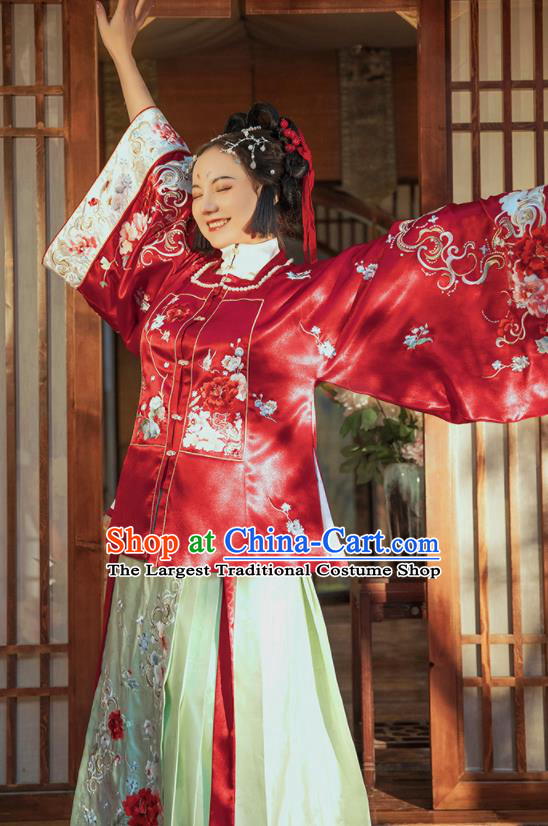 China Ming Dynasty Court Lady Historical Clothing Ancient Royal Princess Embroidered Red Hanfu Dress Garments