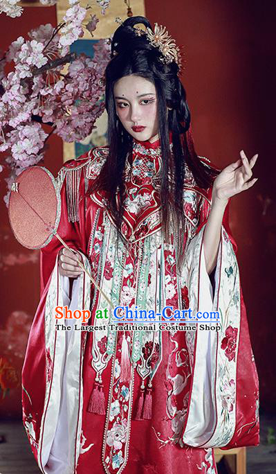 China Ancient Court Bride Embroidered Red Hanfu Dress Garments Traditional Ming Dynasty Princess Wedding Historical Clothing Complete Set