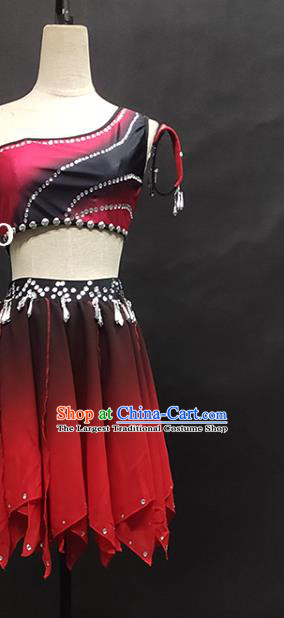 China Minority Folk Dance Rosy Dress Wa Nationality Dance Clothing Xiangxi Ethnic Stage Performance Garments