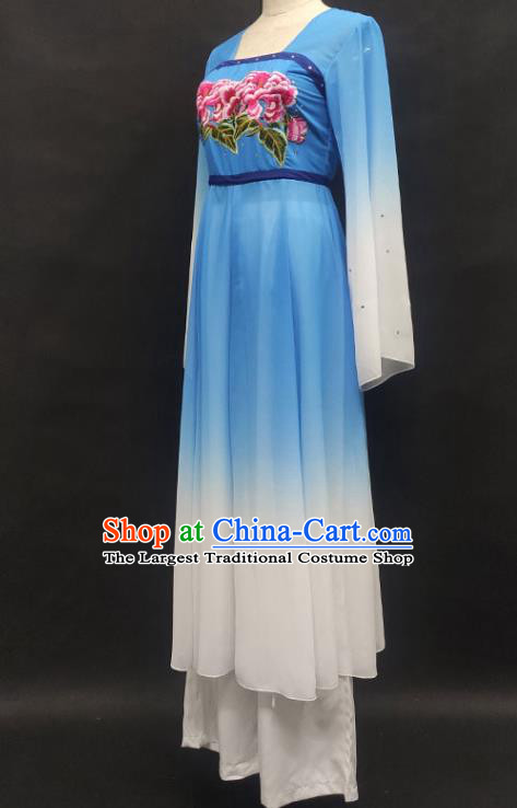 Top Chinese Classical Dance Blue Dress Woman Group Dance Garment Costume Traditional Fan Dance Stage Performance Clothing