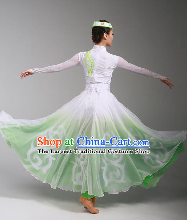 China Mongolian Minority Folk Dance Green Dress Mongol Nationality Stage Performance Clothing Ethnic Female Dance Garments