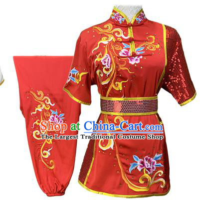 Chinese Kung Fu Garment Costumes Martial Arts Embroidered Peony Red Outfits Wushu Competition Clothing