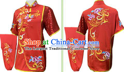 Chinese Kung Fu Garment Costumes Martial Arts Embroidered Peony Red Outfits Wushu Competition Clothing