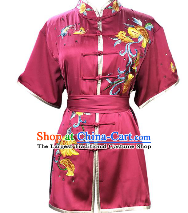Chinese Wushu Competition Clothing Kung Fu Garment Costumes Martial Arts Embroidered Peony Magenta Outfits