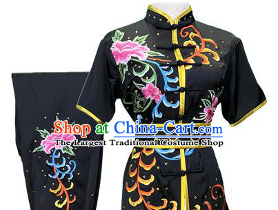Chinese Wushu Kungfu Competition Clothing Kung Fu Garment Costumes Martial Arts Embroidered Peony Black Outfits