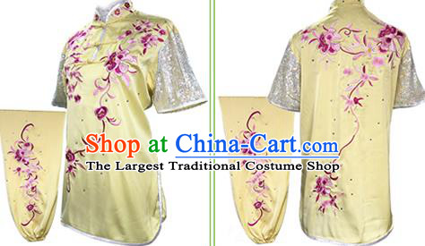 Chinese Kung Fu Garment Costumes Martial Arts Embroidered Peony Yellow Outfits Wushu Kungfu Competition Clothing
