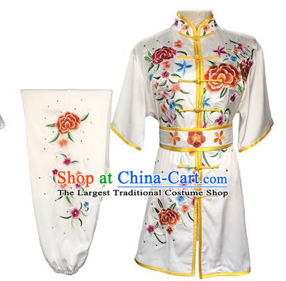 Chinese Kungfu Competition Clothing Kung Fu Garment Costumes Martial Arts Wushu Embroidered Peony White Outfits
