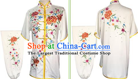 Chinese Kungfu Competition Clothing Kung Fu Garment Costumes Martial Arts Wushu Embroidered Peony White Outfits