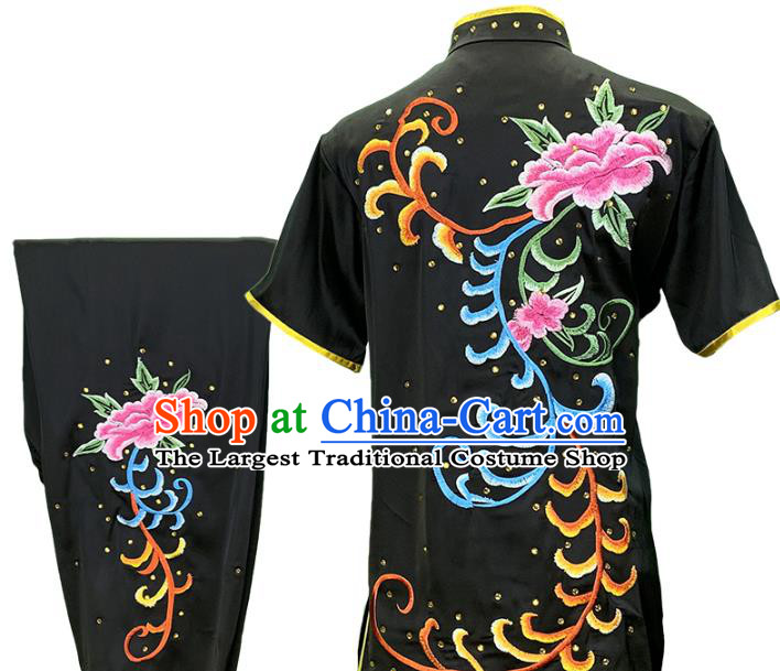 Chinese Martial Arts Wushu Embroidered Peony Black Outfits Kungfu Competition Clothing Kung Fu Garment Costumes