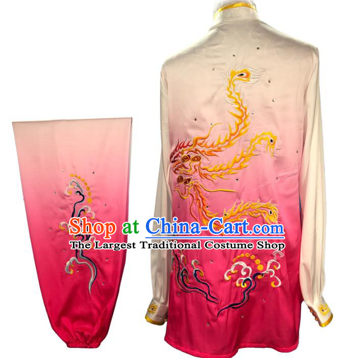 Chinese Kungfu Competition Long Sleeve Clothing Kung Fu Training Garment Costumes Martial Arts Wushu Embroidered Phoenix Rosy Outfits