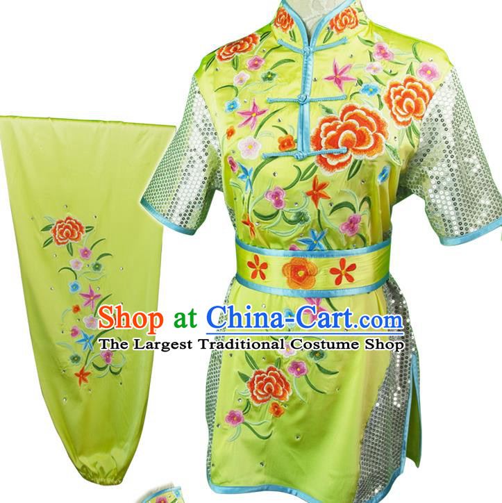 Chinese Martial Arts Wushu Embroidered Peony Green Outfits Kungfu Competition Short Sleeve Clothing Kung Fu Training Garment Costumes