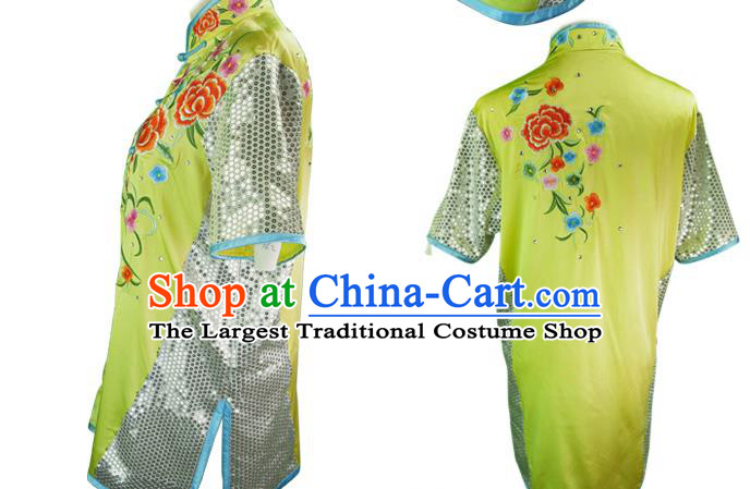 Chinese Martial Arts Wushu Embroidered Peony Green Outfits Kungfu Competition Short Sleeve Clothing Kung Fu Training Garment Costumes