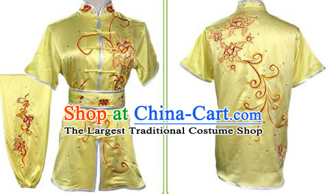 Chinese Kung Fu Training Garment Costumes Martial Arts Wushu Embroidered Peony Yellow Outfits Kungfu Competition Short Sleeve Clothing