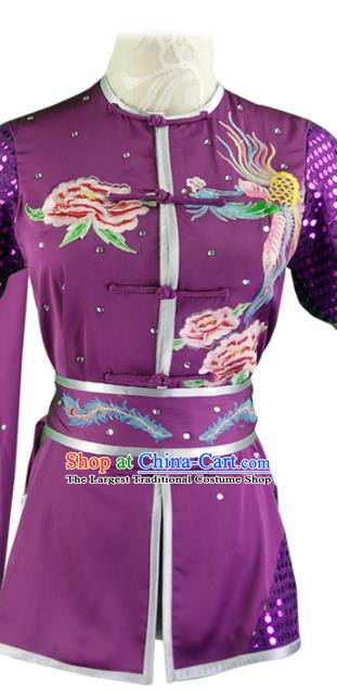 Chinese Martial Arts Embroidered Phoenix Peony Purple Outfits Kungfu Wushu Clothing Chang Boxing Competition Garment Costumes