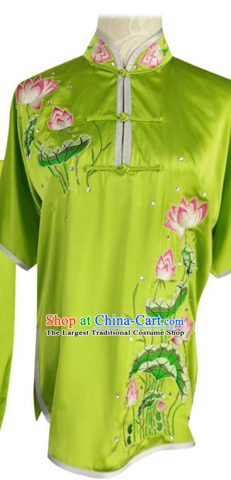 Chinese Martial Arts Embroidered Lotus Green Silk Outfits Wushu Competition Clothing Tai Chi Kung Fu Garment Costumes