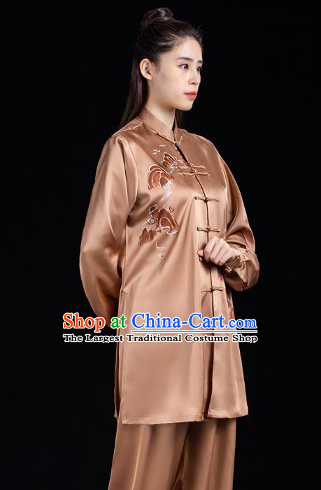 Chinese Tai Chi Performance Clothing Tai Ji Kung Fu Garment Costumes Martial Arts Embroidered Brown Outfits