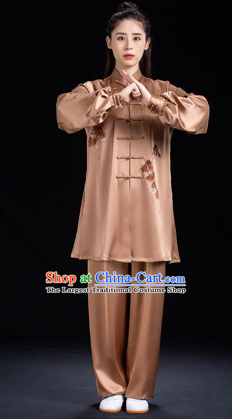 Chinese Tai Chi Performance Clothing Tai Ji Kung Fu Garment Costumes Martial Arts Embroidered Brown Outfits