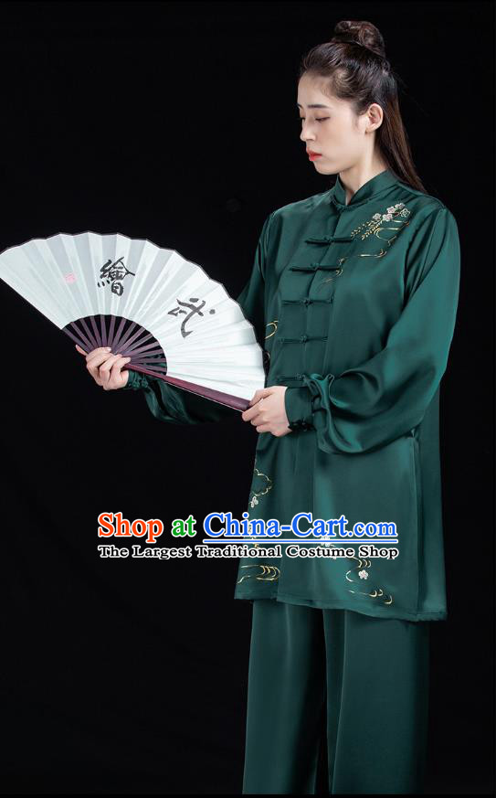Chinese Tai Ji Training Garment Costumes Martial Arts Hand Painting Green Outfits Woman Tai Chi Competition Clothing
