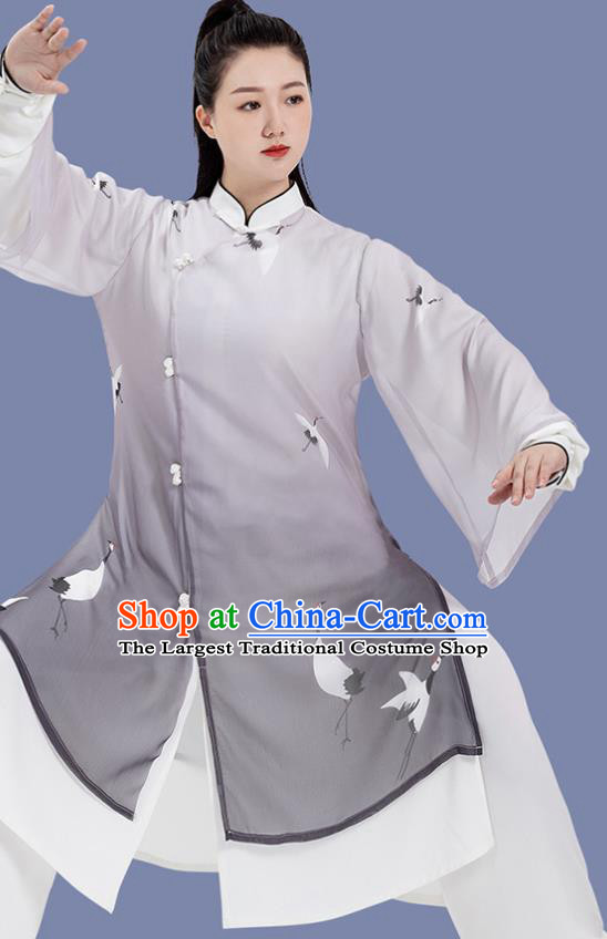 Chinese Martial Arts Hand Painting Cranes Grey Outfits Woman Tai Chi Competition Clothing Tai Ji Training Garment Costumes