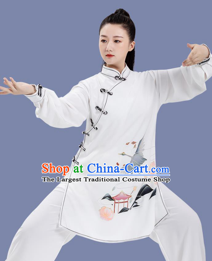 Chinese Tai Ji Training Garment Costumes Martial Arts Hand Painting Cranes White Outfits Woman Tai Chi Competition Clothing
