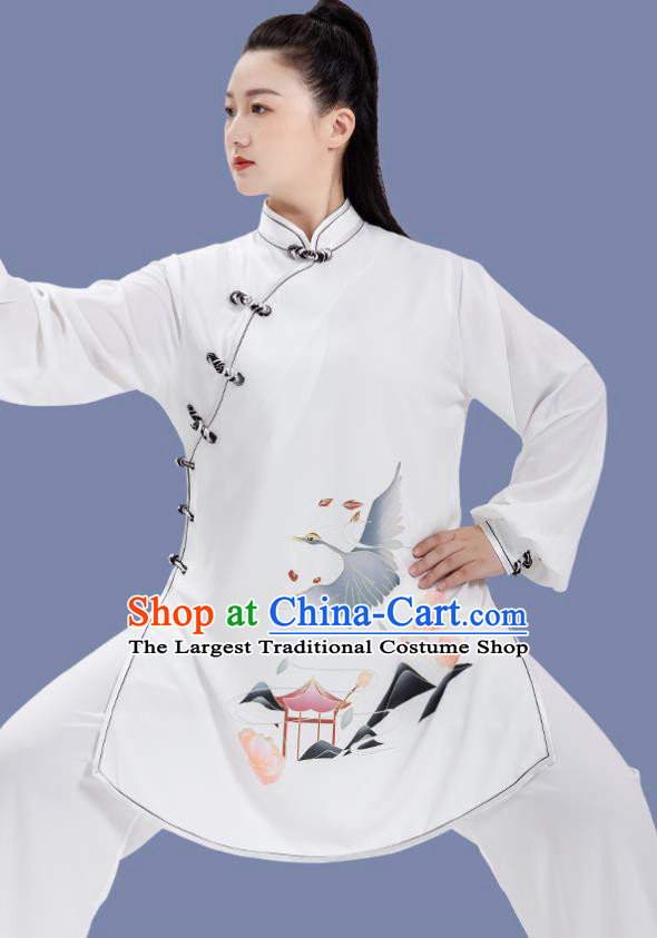 Chinese Tai Ji Training Garment Costumes Martial Arts Hand Painting Cranes White Outfits Woman Tai Chi Competition Clothing
