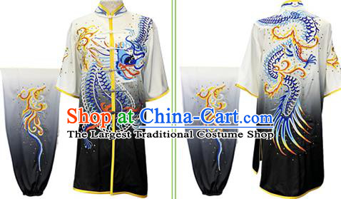 Top China Martial Arts Competition Clothing Kung Fu Embroidered Dragon Gradient Grey Uniforms Wushu Performance Garment Costumes