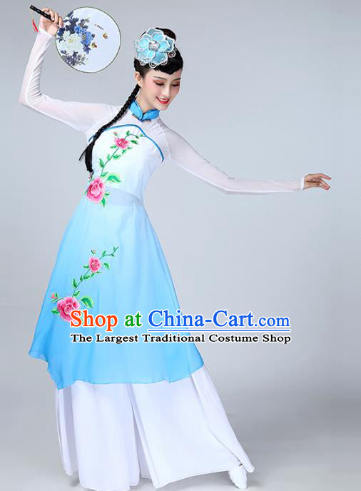 Top Chinese Woman Umbrella Dance Garment Costume Traditional Court Stage Performance Clothing Classical Dance Blue Dress