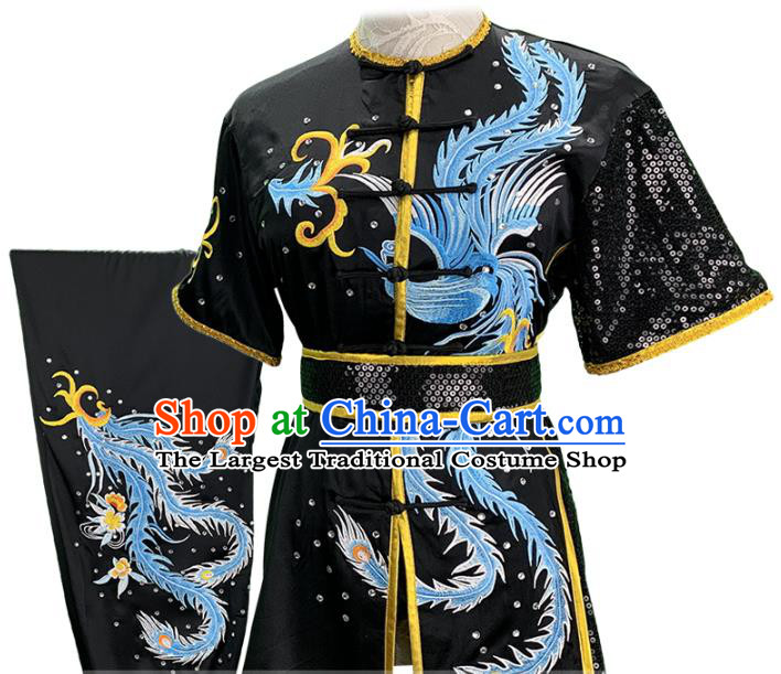 China Wushu Competition Garment Costume Female Shadowboxing Kung Fu Clothing Martial Arts Embroidered Phoenix Black Uniforms