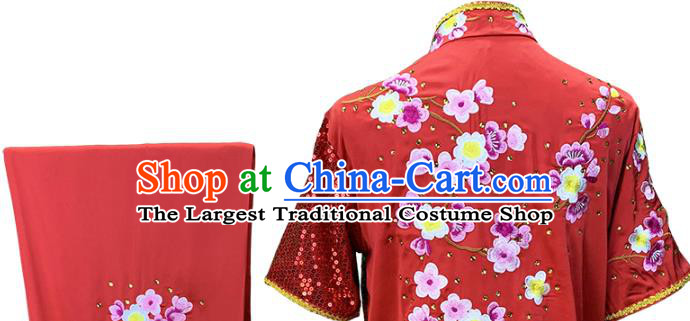 China Female Kung Fu Clothing Martial Arts Embroidered Plum Red Uniforms Wushu Competition Garment Costume